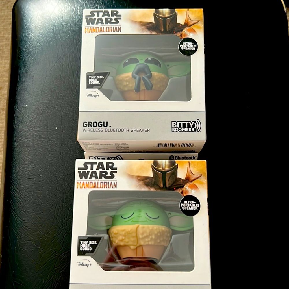 Two Bitty Boomer Grogu wireless Bluetooth speakers